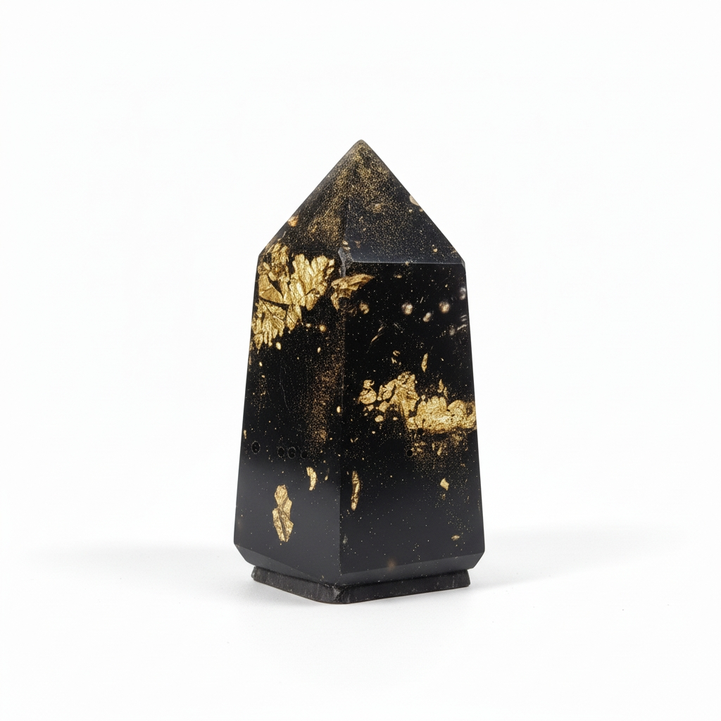 Black crystal with gold vein on a white background