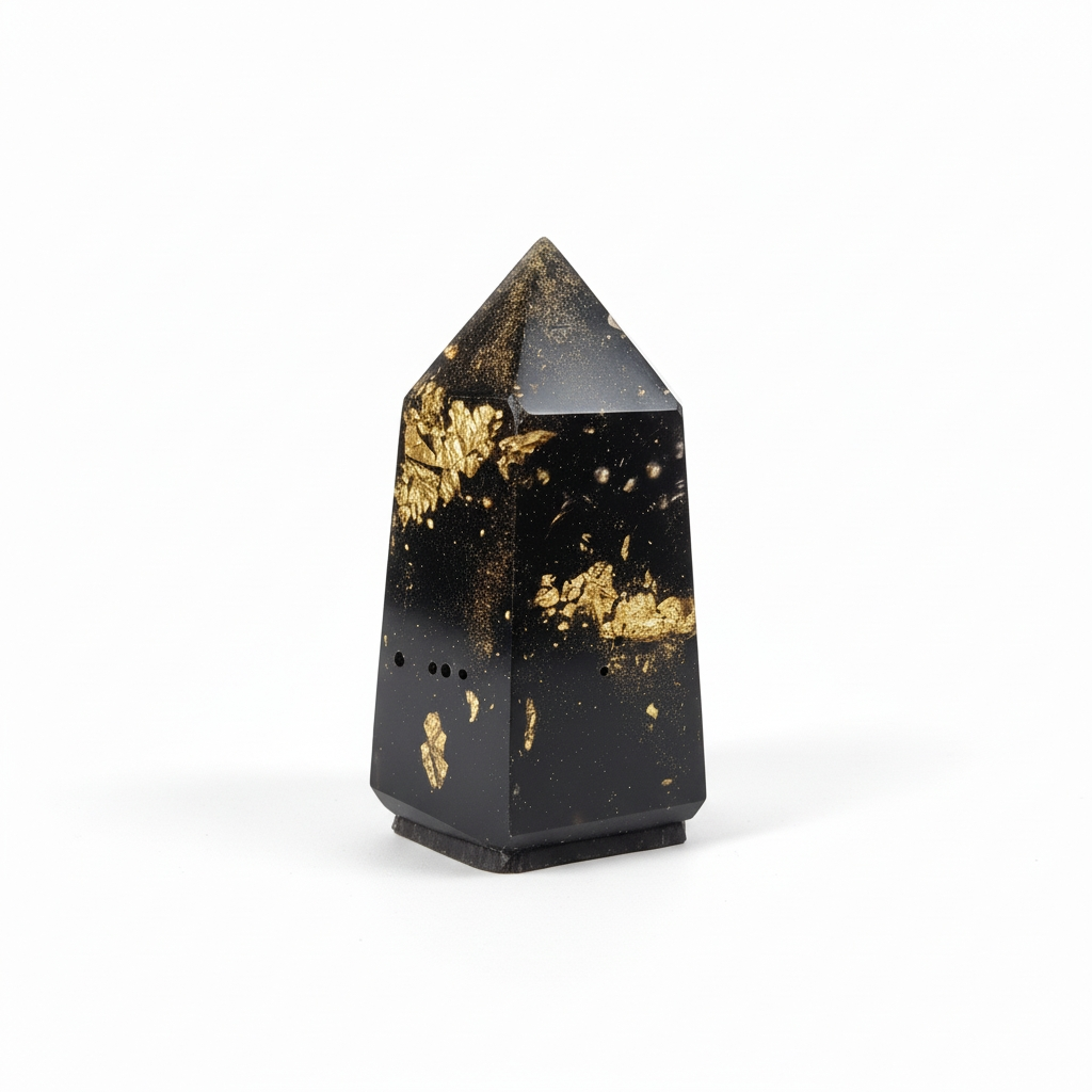 Black orgonite with gold inclusions on a white background