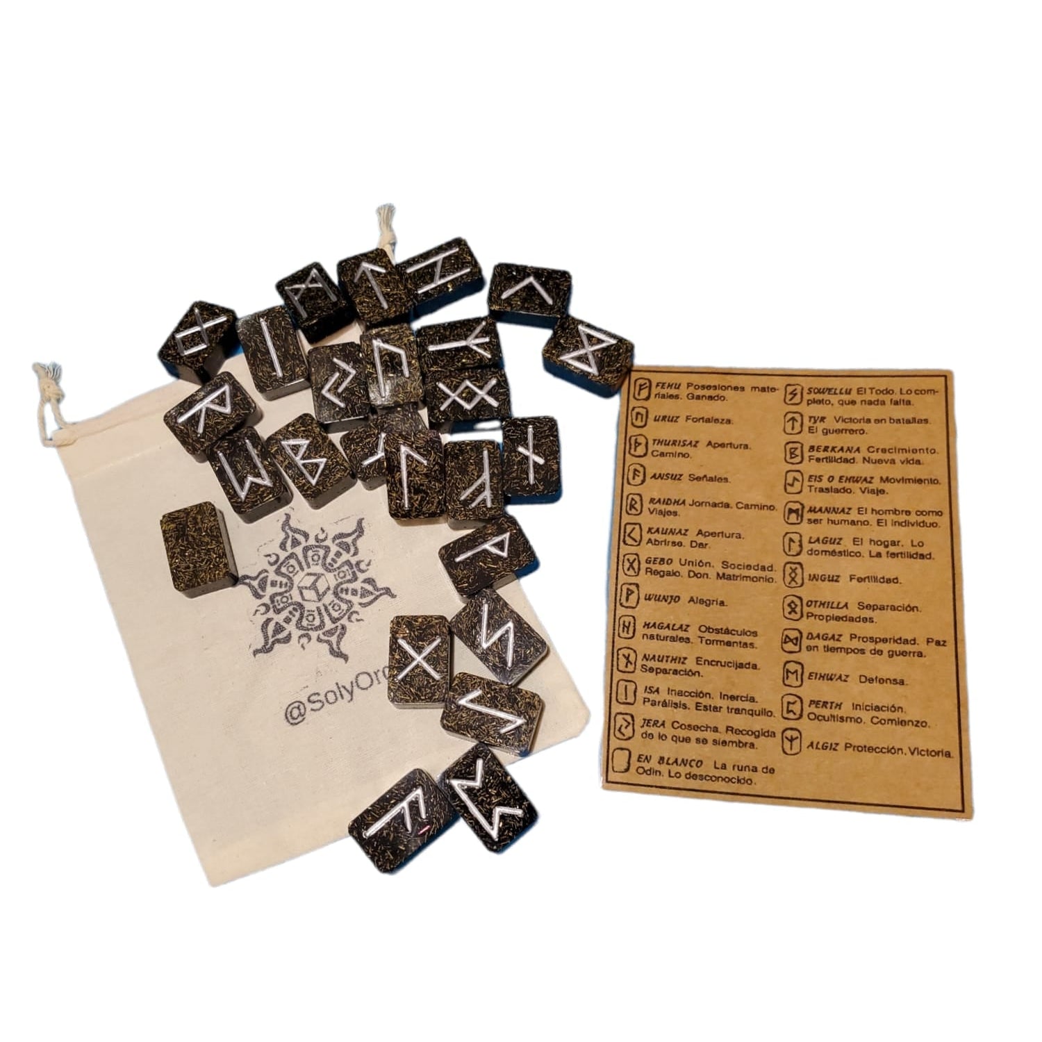 Set of black rune orgonites with a pouch and information card on a white background