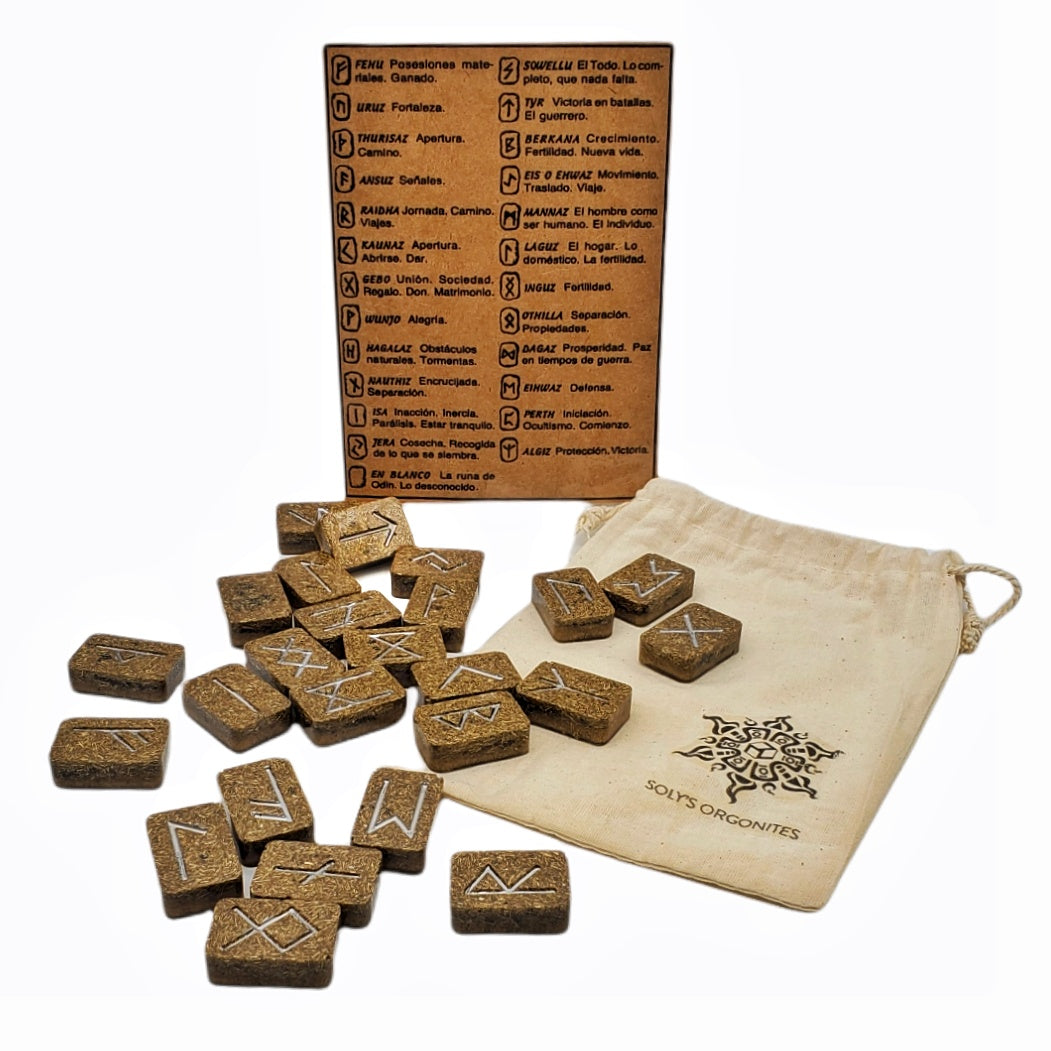 Set of orgonites runes with a drawstring solyorgon bag and packaging on a white background