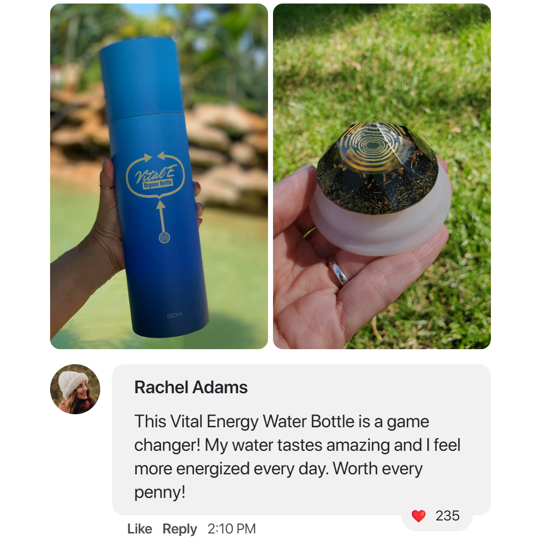 Vital Energy Water Bottle with user review on a white background